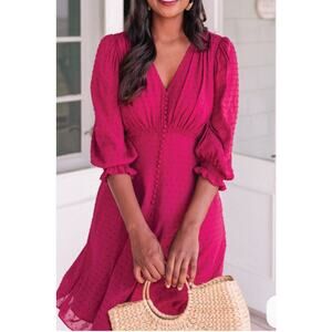 Gal Meets Glam‎ Andrea Candy Apple V Neck 3/4 Sleeve Smocked Mini Dress - 0